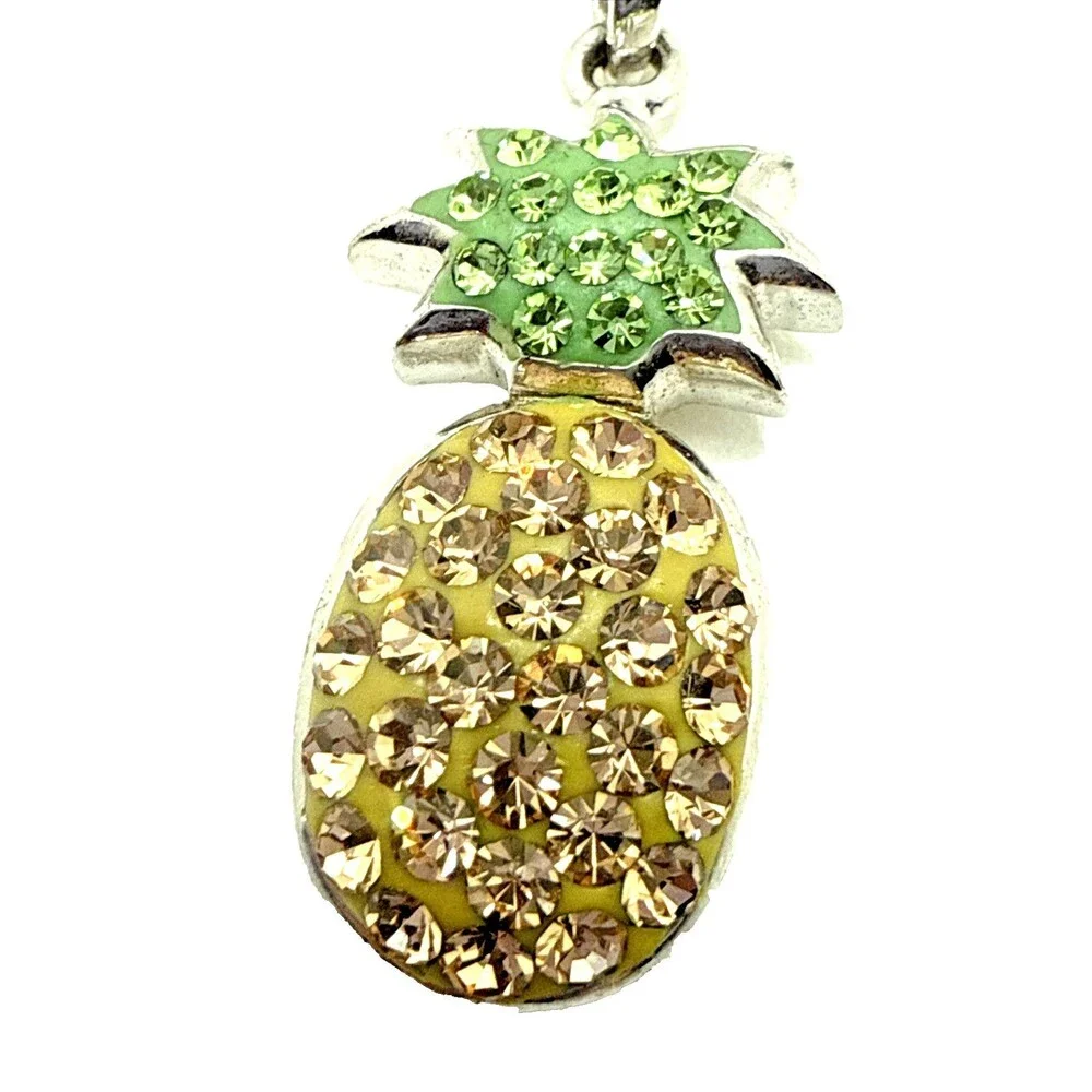 Crystal Rhinestone Pineapple Pendant Necklace Yellow Green Gold Tone 18